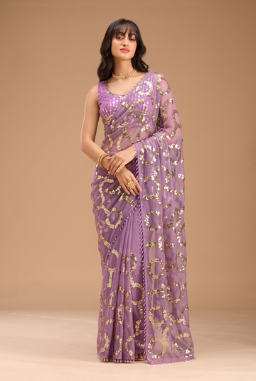 Lilac Purple Net Saree with Gold Circular Sequin Work