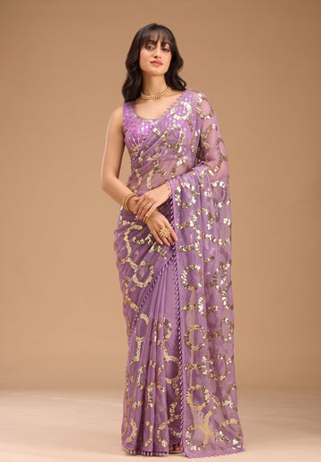 Lilac Purple Net Saree with Gold Circular Sequin Work