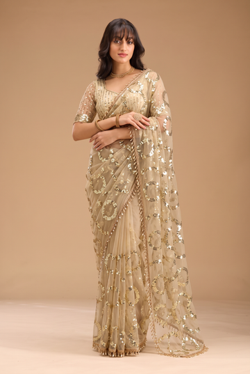 Women's Beige Gold Net Sequined Party Wear Saree