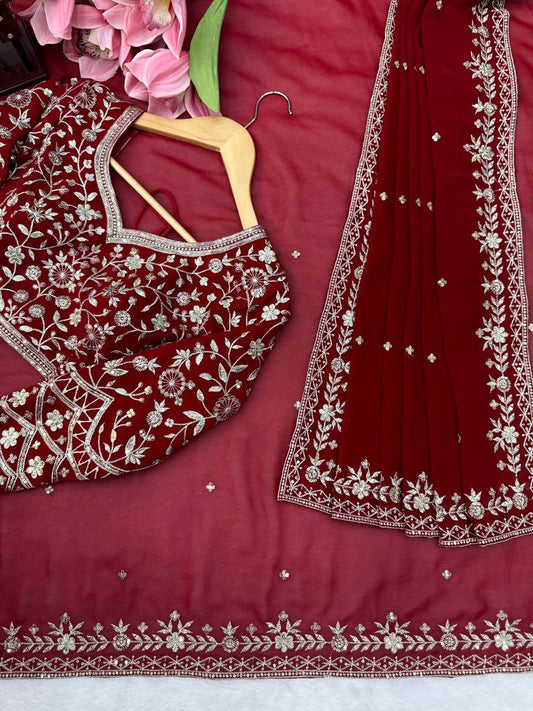 Deep Red Embroidered Saree With Dupatta – Traditional Karwa Chauth & Durga Puja Saree