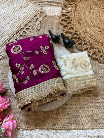 Magenta Pink Pure Fancy Satin Saree with Off-White Floral Sequin Embroidery Blouse & Fringe Lace