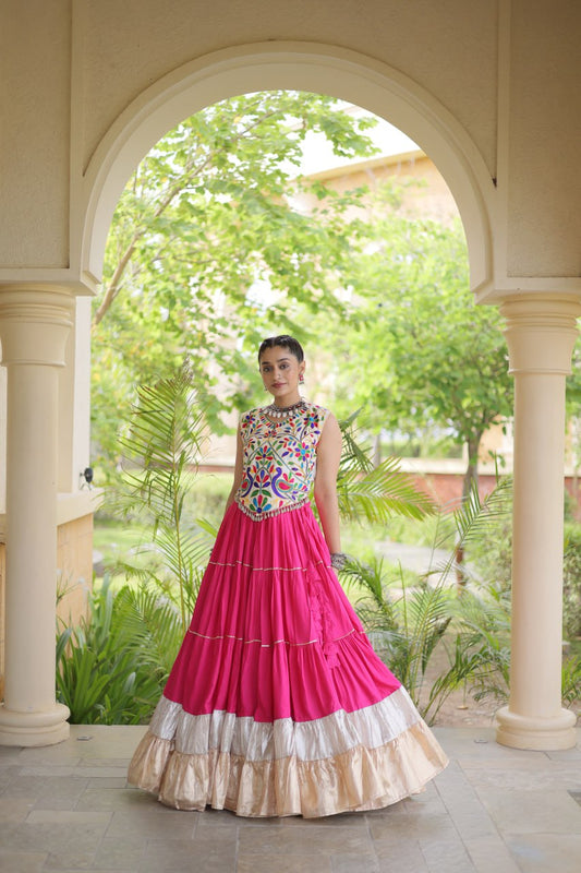 Pink Rayon Silk Kutchi Embroidery Navratri Wear Frill Lehenga Choli