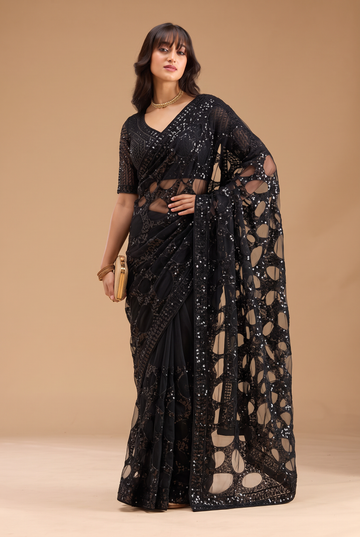 Black Net Saree with Tone-on-Tone Circular Ring Sequin Embroidery