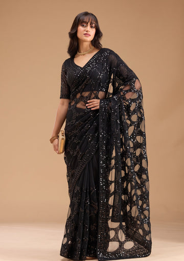Black Net Saree with Tone-on-Tone Circular Ring Sequin Embroidery