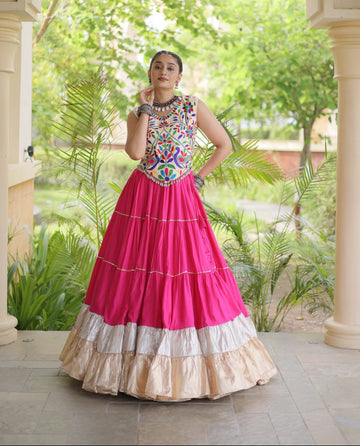 Pink Rayon Silk Kutchi Embroidery Navratri Wear Frill Lehenga Choli