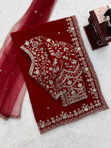 Deep Red Embroidered Saree With Dupatta – Traditional Karwa Chauth & Durga Puja Saree