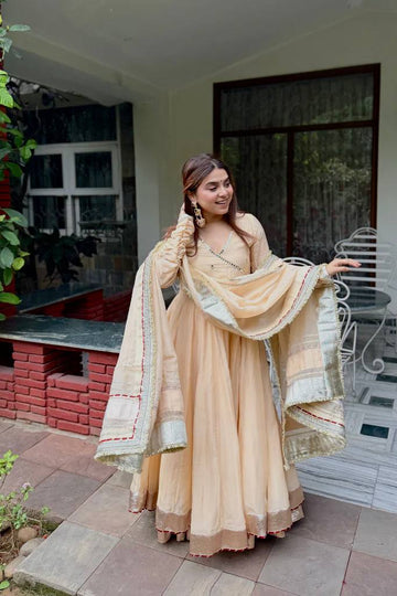 Chiku Brown Flared Anarkali Suit Set for Women with Dupatta