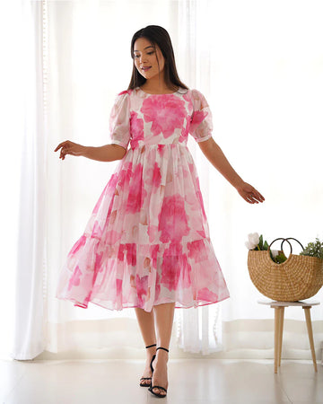Baby Pink Color Floral Printed Organza Silk Tunic