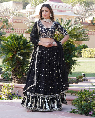 Sequence Embroidered Faux Blooming Black Lehenga Choli