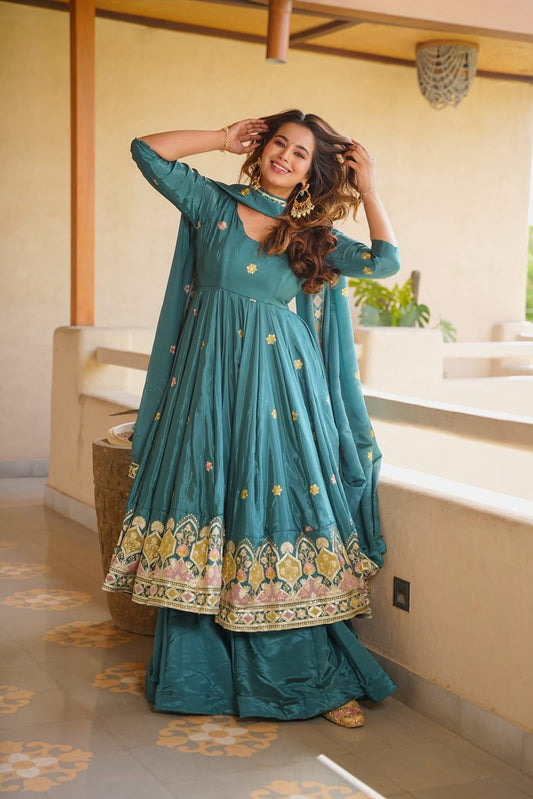 Teal Green Embroidered Anarkali Suit Set for Women with Dupatta