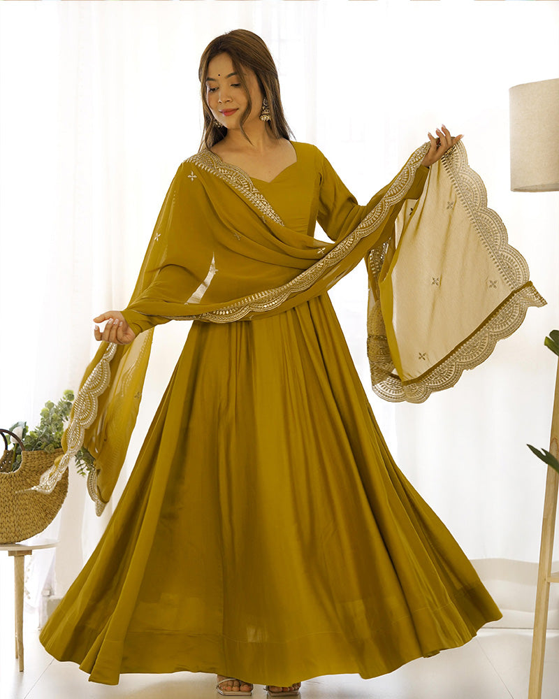 Beautiful Mustard Color Pure Chanderi Silk Three Piece Anarkali Gown
