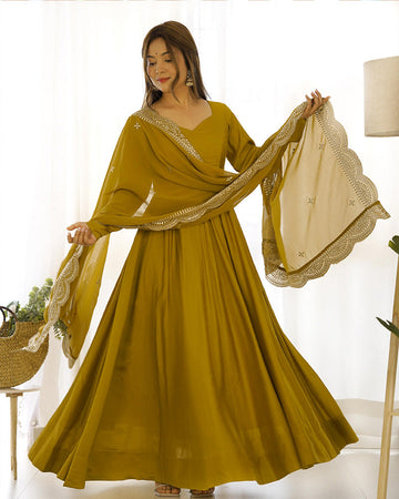 Beautiful Mustard Color Pure Chanderi Silk Three Piece Anarkali Gown