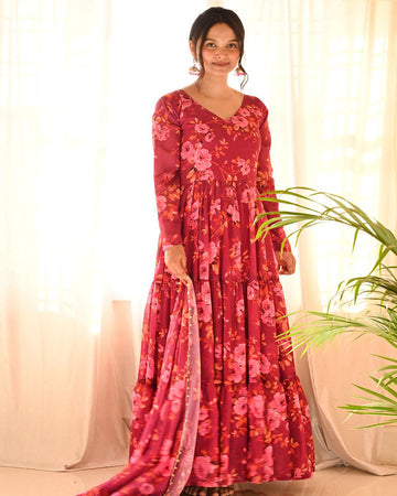 Beautiful Rose Pink Color Three Layer Georgette Printed Gown