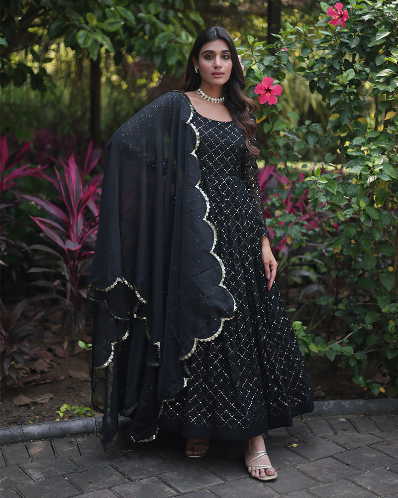Black Color Designer Anarkali Gown With Dupatta