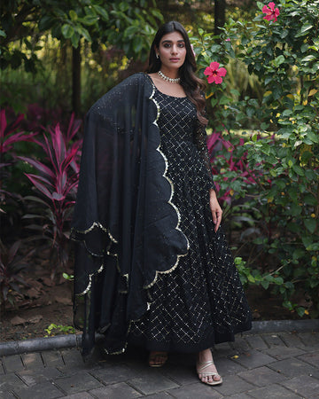 Black Color Designer Anarkali Gown With Dupatta