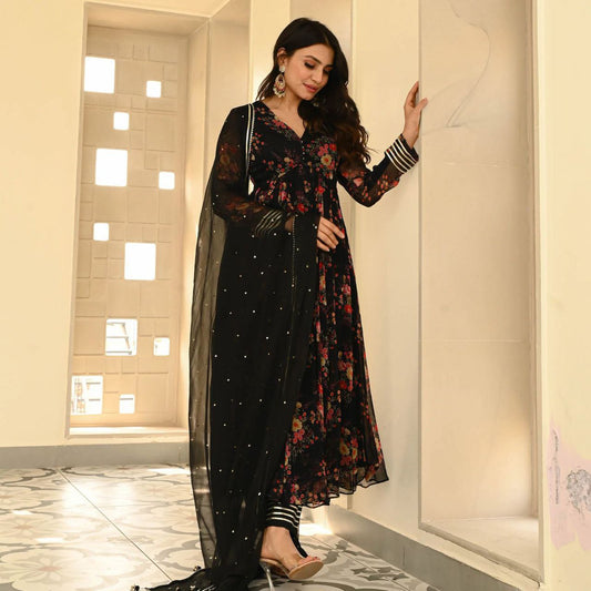 Black Color Georgette Printed Anarkali Suit