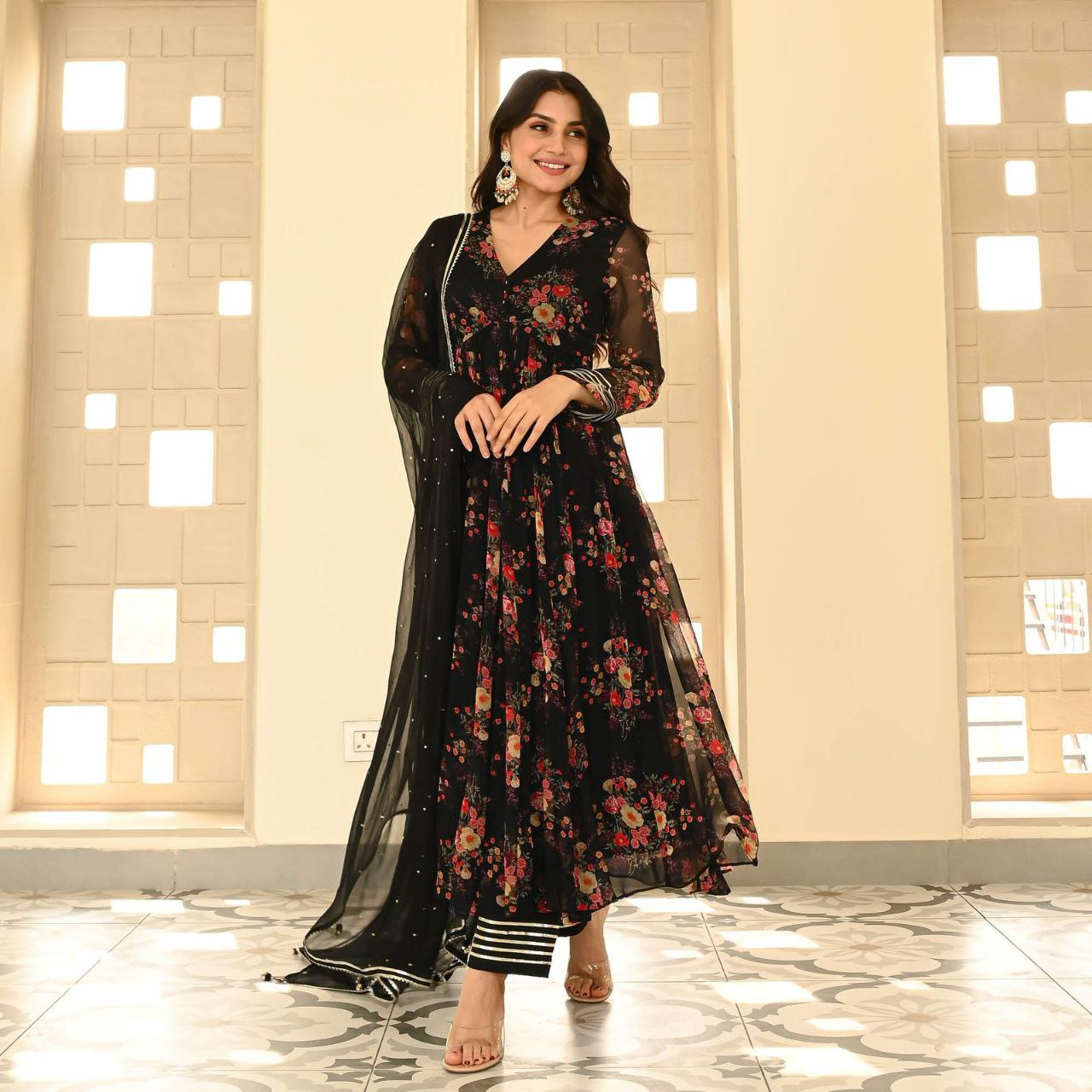 Black Color Georgette Printed Anarkali Suit