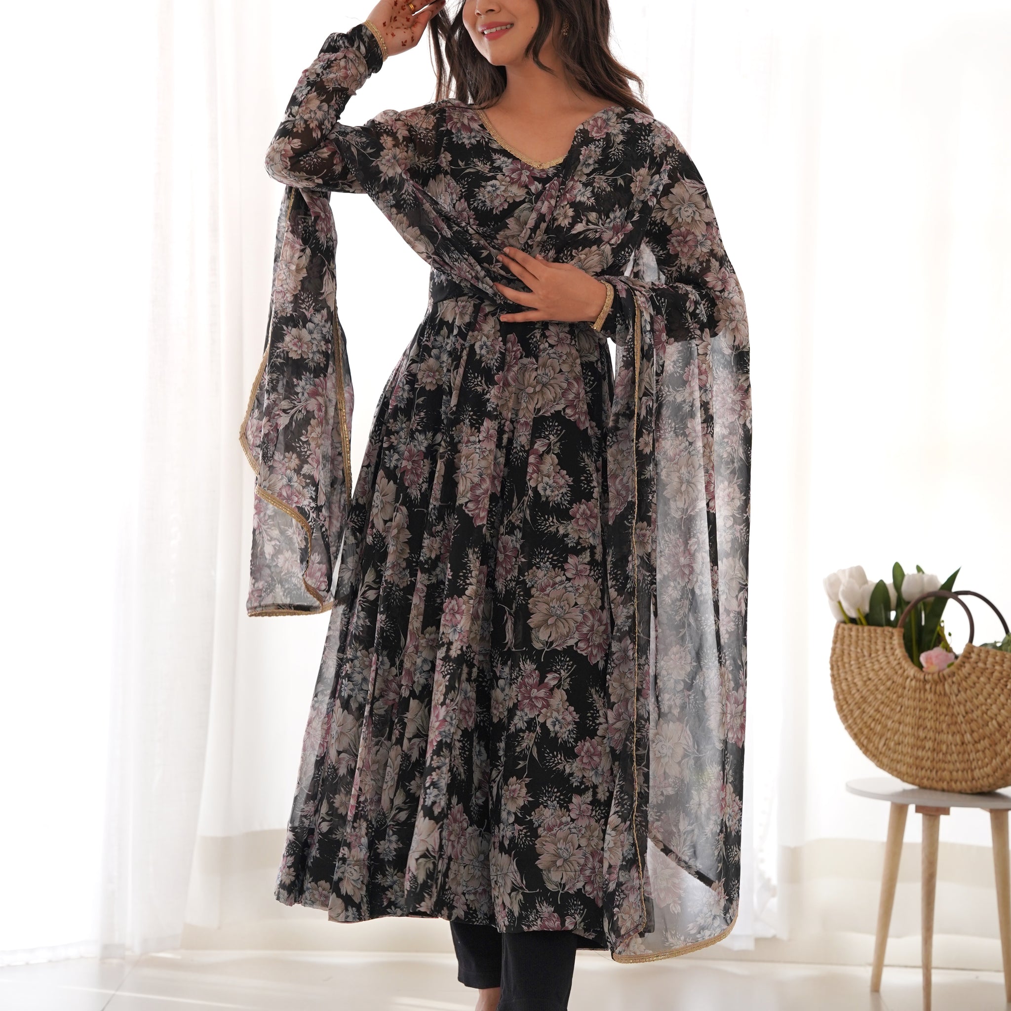 Georgette Three Piece Black Anarkali Suit