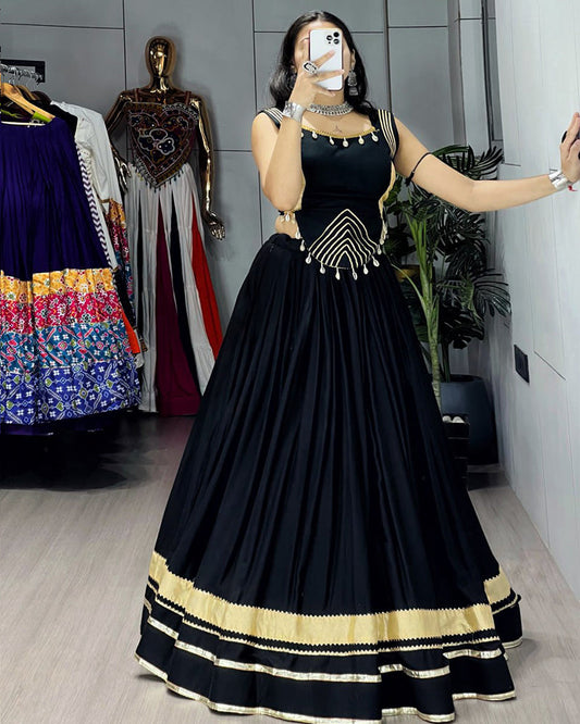 Black Color Pure Rayon Cotton Navratri Lehenga