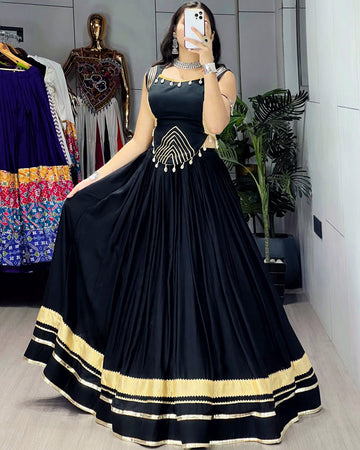 Black Color Pure Rayon Cotton Navratri Lehenga