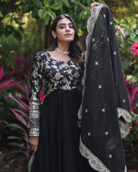 Faux Blooming Black Anarkali Gown With Dupatta