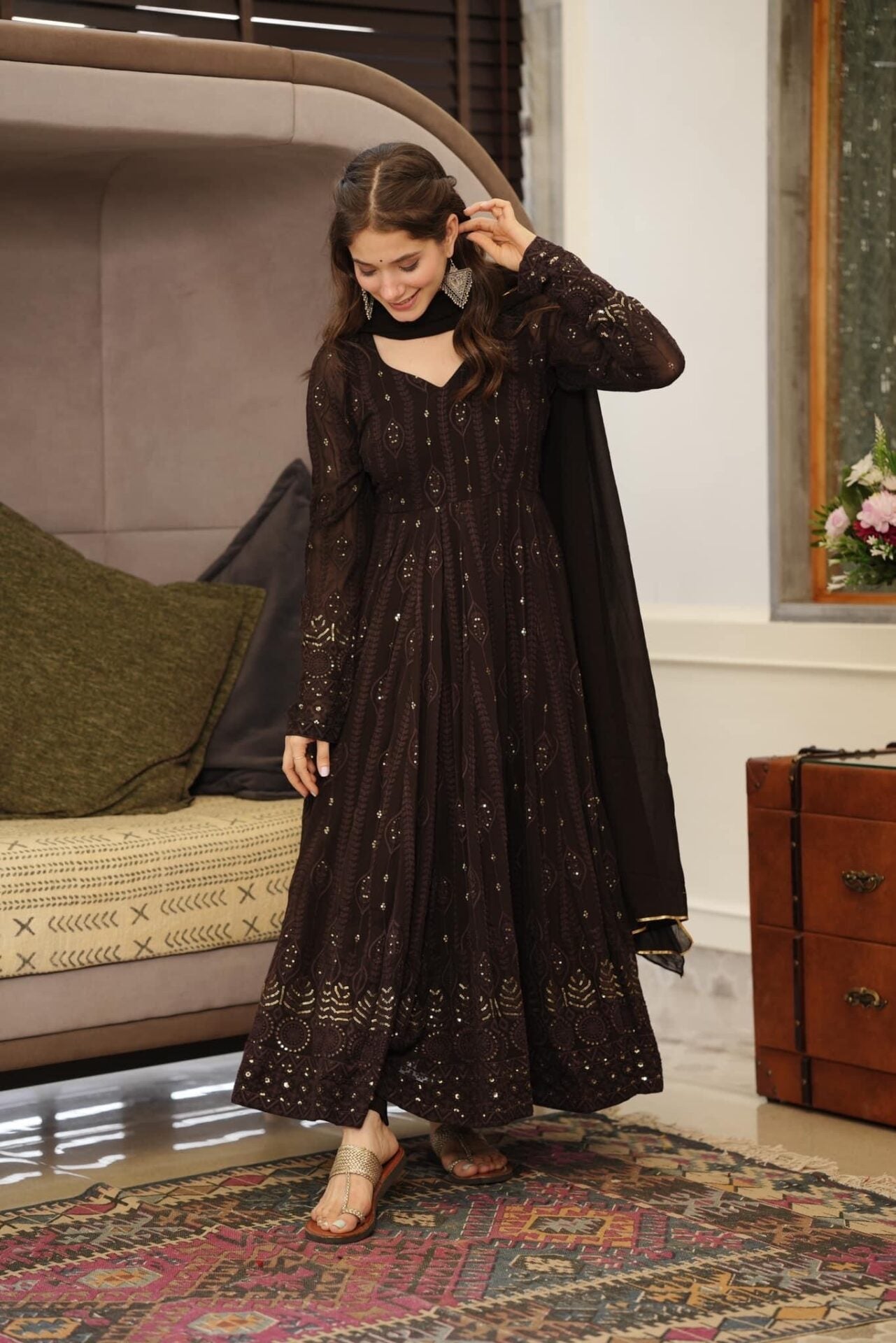 Purple & White Frock Style Embellished Georgette Suit Set With Net Dupatta main image 1