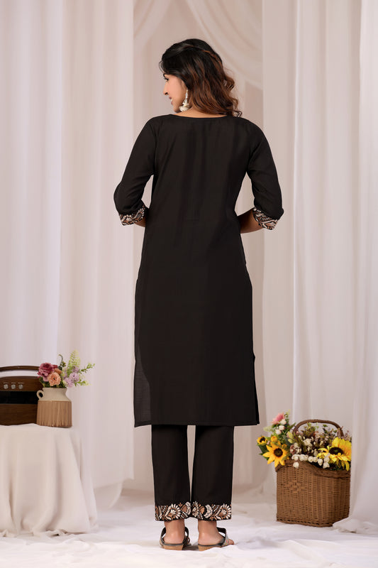 Black Embroidery Neck Work Cotton Straight Kurta Set for Women