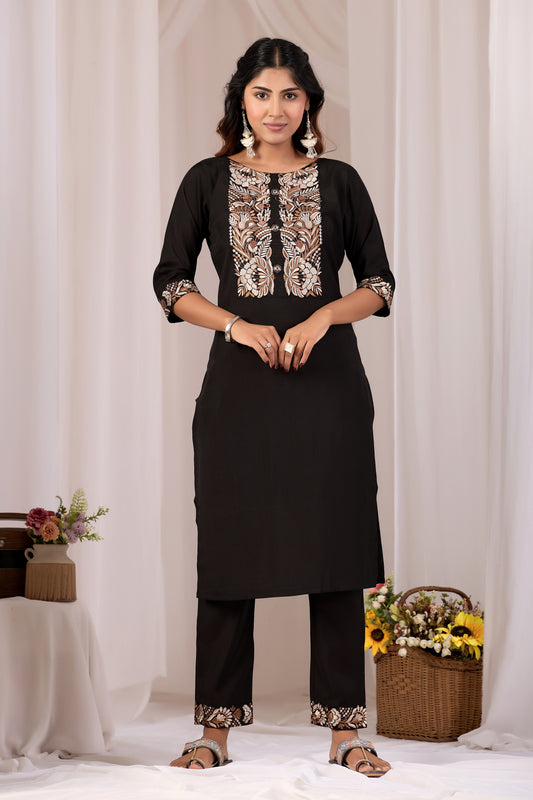 Black Cotton Straight Kurta Set for Women