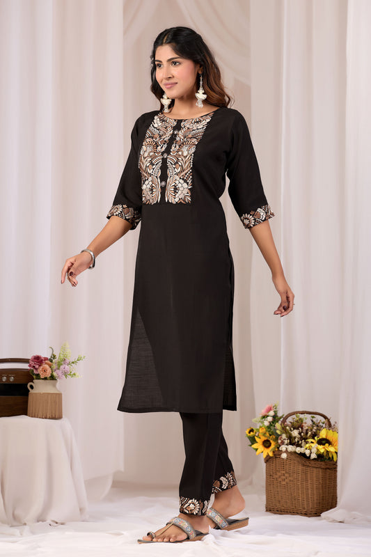 Black Embroidery Neck Work Cotton Straight Kurta Pant Set for Women