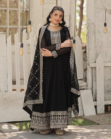 Faux Blooming Rich Sequence Embroidered Black Gown With Dupatta