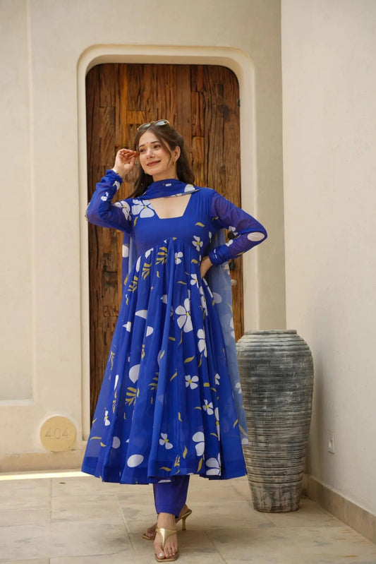 Blue floral georgette Anarkali suit set