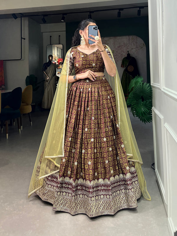 Brown Color Digital Printed Sequins And Embroidery Work Chinon Indian Lehenga Choli