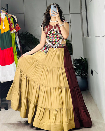 Brown Color Pure Rayon Cotton Navratri Lehenga Choli