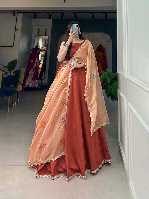 Burnt Color Plain Polyester Viscose Chanderi Lehenga Choli