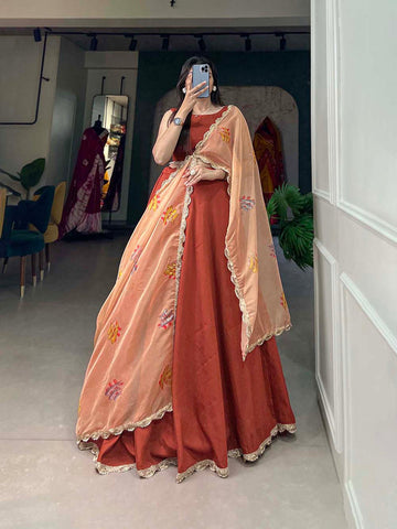 Burnt Color Plain Polyester Viscose Chanderi Lehenga Choli