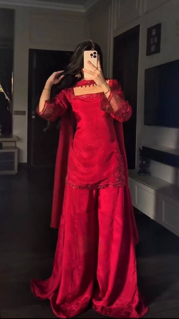 Pakistani Style Red Embroidered Crepe Silk Farshi Suit Set with Dupatta For Women