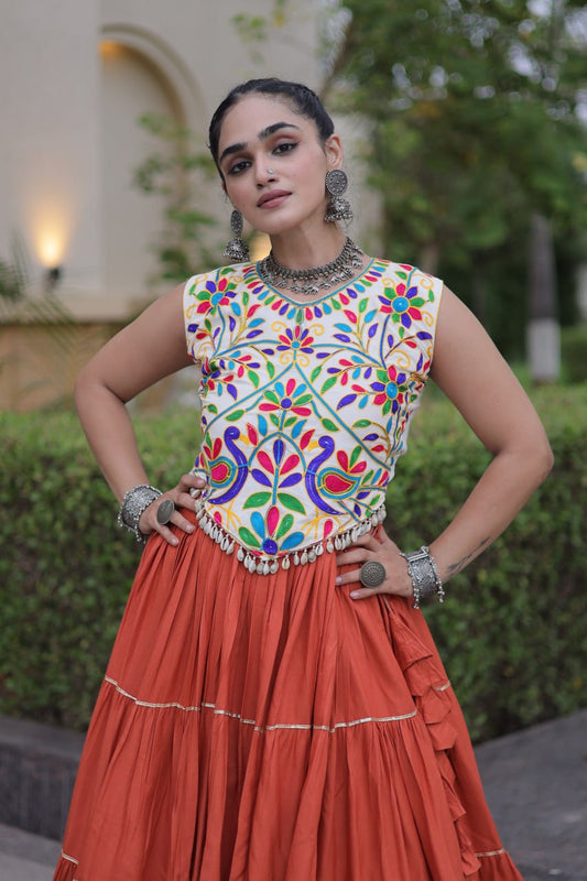 Navratri Special Kutchi Embroidered Rayon Orange Frill Lehenga Choli