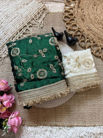 Bottle Green Pure Fancy Satin Saree with Off-White Floral Sequin Embroidery Blouse & Fringe Lace