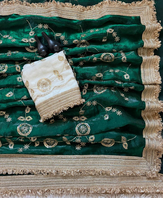 Bottle Green Pure Fancy Satin Saree with Off-White Floral Sequin Embroidery Blouse & Fringe Lace