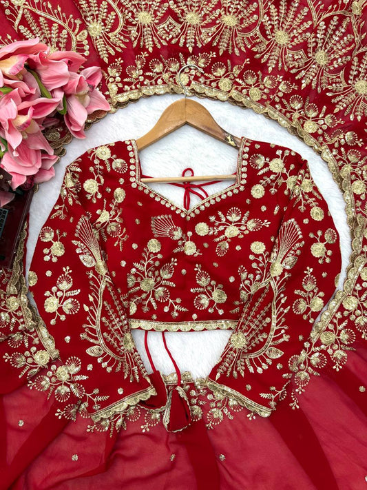 Ruby Red Faux Georgette Embroidered Saree for Durga Puja & Karwa Chauth