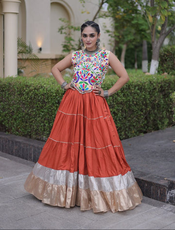 Navratri Special Kutchi Embroidered Rayon Orange Frill Lehenga Choli
