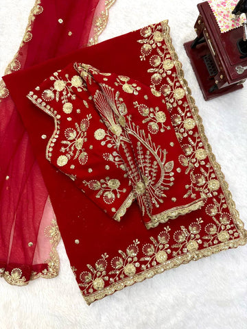 Ruby Red Faux Georgette Embroidered Saree for Durga Puja & Karwa Chauth