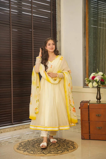 Casual Wear Yellow And White Color Pure Georgette Anarkali Suit Set