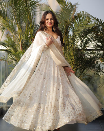White Trendy Embroidered Anarkali Suit Set for Women with Dupatta