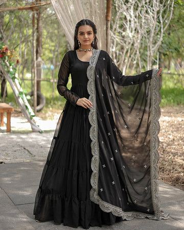 Black Color Designer Embroidered Ethnic Gown With Dupatta