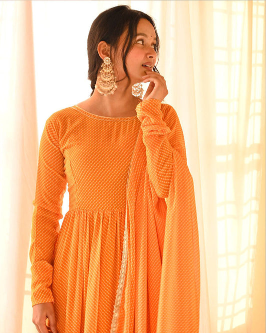 Beautiful Orange Color Three Layer Georgette Printed Gown