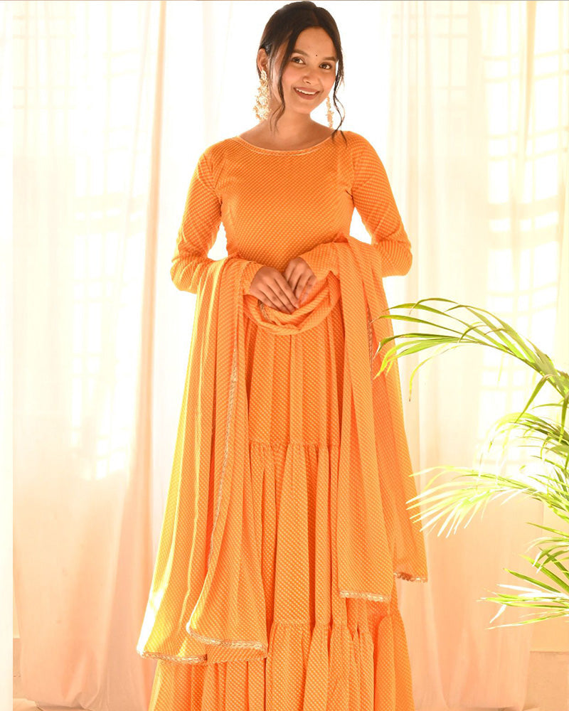 Beautiful Orange Color Three Layer Georgette Printed Gown