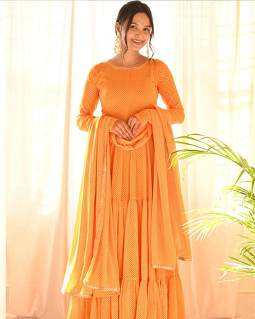 Beautiful Orange Color Three Layer Georgette Printed Gown