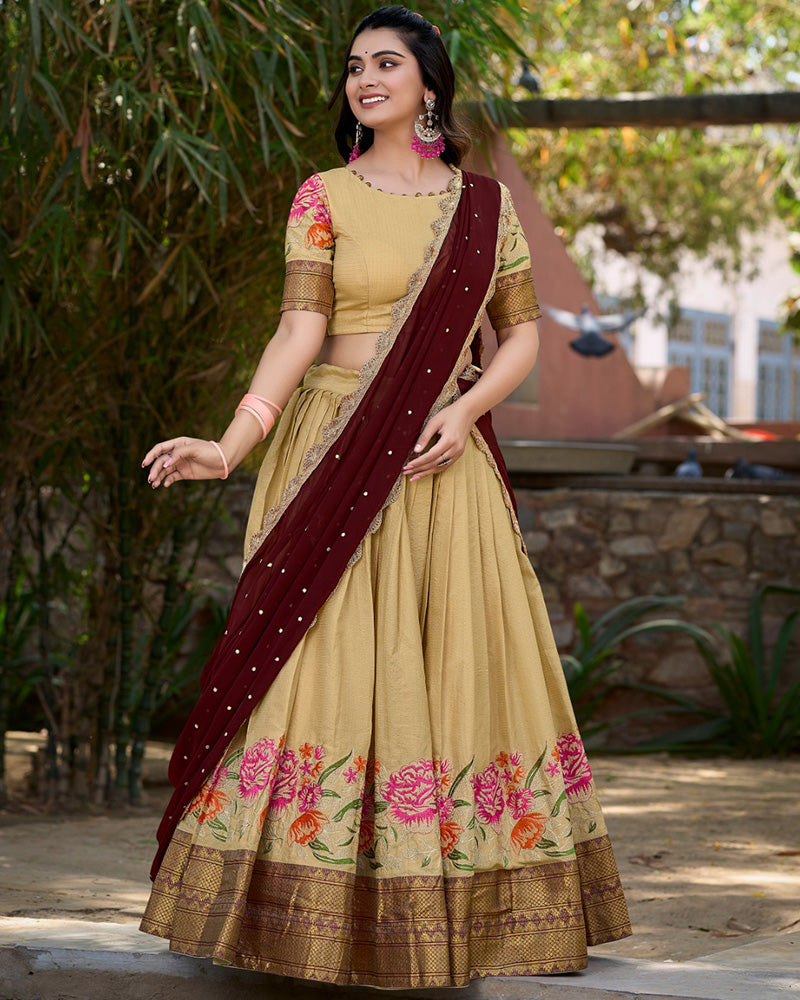 Cotton Silk Designer Cream Lehenga Choli