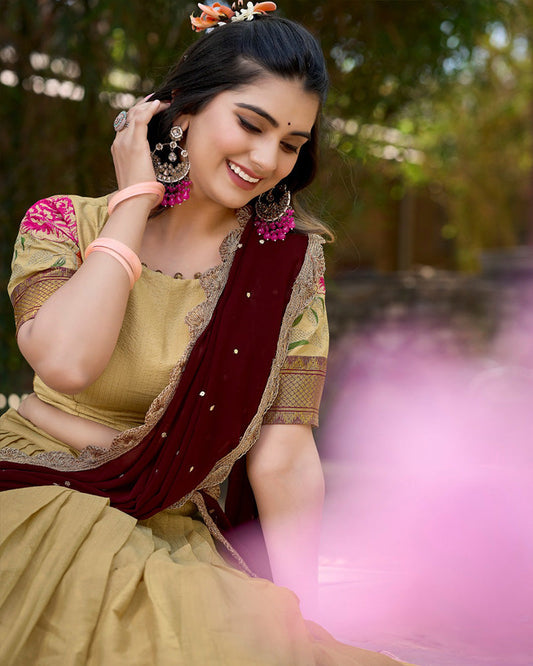 Cotton Silk Designer Cream Lehenga Choli